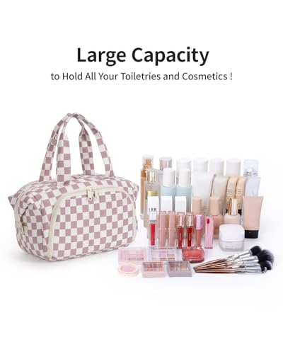 Narwey Travel Toiletry Bag for Women, Large Makeup Cosmetic Organizer Bag - color: Dusty Pink Checkerboard