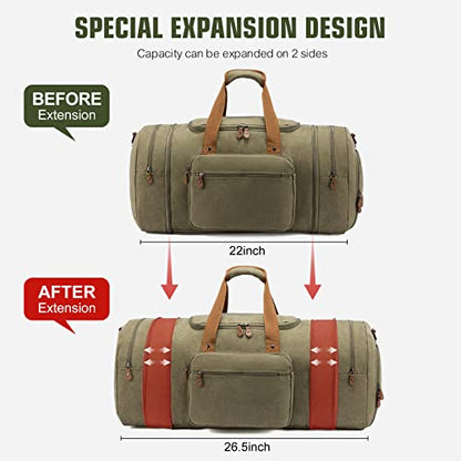 Sucipi Canvas Duffel Bag for Men, Expandable Weekend Overnight travel bags - color: Green-1