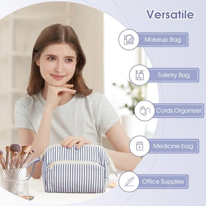 Narwey Travel Makeup Bag Toiletry Bag, Wide Open Cosmetic Bag for Women - color: D-Greyish Blue Stripe, size: Small