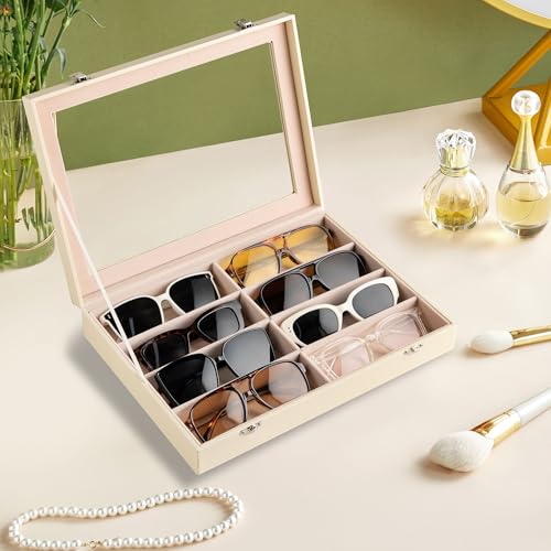 Frebeauty 8-Slot Sunglass Organizer,Sunglass Holder with Clear Lid - color: Beige, size: With Lid