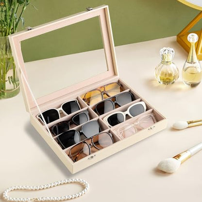 Frebeauty 8-Slot Sunglass Organizer,Sunglass Holder with Clear Lid - color: Beige, size: With Lid