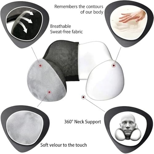 Airplane Travel Neck Pillow, 100% Memory Foam Ergonomic Neck Support, Airplanes Neck Pillow with Washable Cover Travel Essential for Flight & Office include Eye Mask, Earplugs & Carry Bag (Light Gray) - color: Light Gray