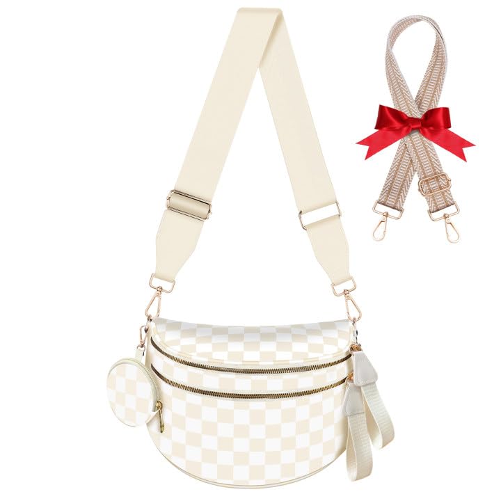 Bum Bags for Women Checkered Crossbody Bag Large Nylon Belt Purse Fanny Packs, Bonus with a Extra Strap - color: Beige Checkered