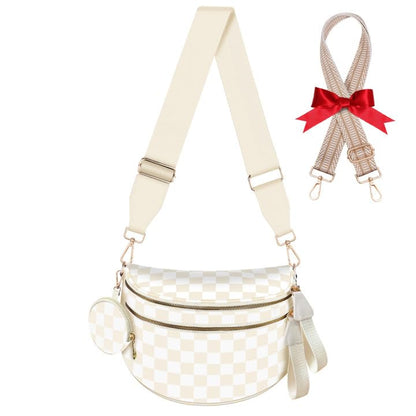 Bum Bags for Women Checkered Crossbody Bag Large Nylon Belt Purse Fanny Packs, Bonus with a Extra Strap - color: Beige Checkered