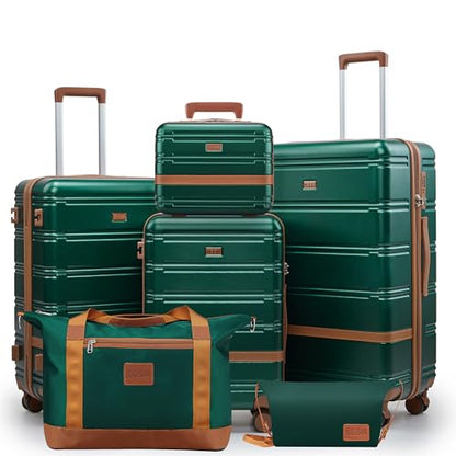 NEISIA Luggage Sets, Suitcase with Spinner Wheels, PC+ABS Hardshell Travel Luggage Set with TSA Locks,Lightweight Rolling Luggage，Carry on suitcase with YKK Zippers - color: Dark green, size: 6 piece sets （14/20/24/28/DB/TB)