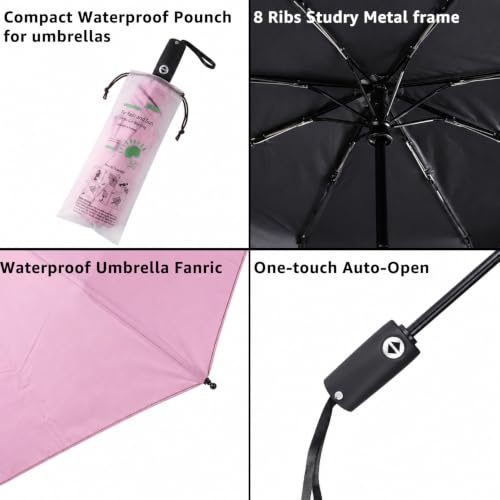 BAODINI Compact Travel Umbrella Small Windproof Auto Open Close for UV Sun Protection UPF 50+ and Rain Fits Backpack Purse & Suitcase - color: Pink