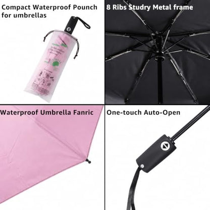 BAODINI Compact Travel Umbrella Small Windproof Auto Open Close for UV Sun Protection UPF 50+ and Rain Fits Backpack Purse & Suitcase - color: Pink