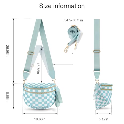 Checkered Crossbody Bags for Women, Large Nylon Bum Bags - color: Light Blue Checkered