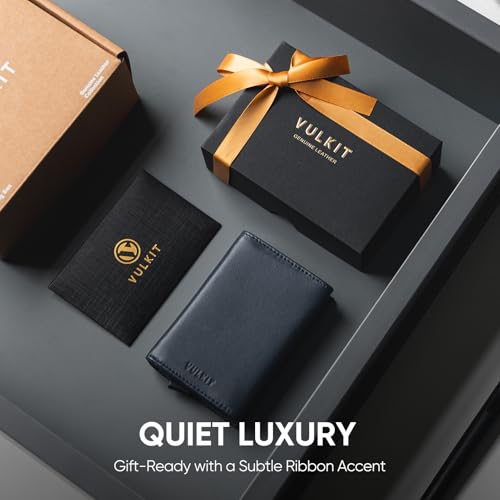 VULKIT Pop up Card Wallet Minimalist Cash Wallets RFID Blocking Leather Smart Credit Card Holder with ID window for Men - color: Top-Grain Cowhide Blue