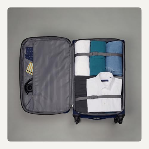 Amazon Basics 28" Large Checked Softside Expandable Suitcase with 360-Degree Multi-directional Spinner Wheels, Zippered Pockets, Telescoping Handle, Spacious, Navy Blue - color: Navy Blue, size: 28″, style: Large Checked