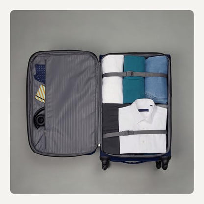 Amazon Basics 28" Large Checked Softside Expandable Suitcase with 360-Degree Multi-directional Spinner Wheels, Zippered Pockets, Telescoping Handle, Spacious, Navy Blue - color: Navy Blue, size: 28″, style: Large Checked