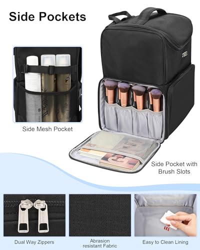 Relavel Makeup Backpack Large Bag with 5 Clear Set Bags, Dual Layer Professional Cosmetic Organizer Travel Train Case Makeup Artist Kit with Adjustable Dividers & Easy to Clean Lining, Black - color: Black (5 clear bags), size: Large