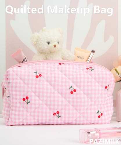 PAZIMIIK Small Quilted Makeup Bag,Zipper Cosmetic Pouch,Gingham Pink Cherry - color: Gingham Pink Cherry