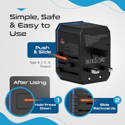 Ceptics International Power Adapter - 30W USB-C, 2 USB-A, Universal Input - color: Black/Blue