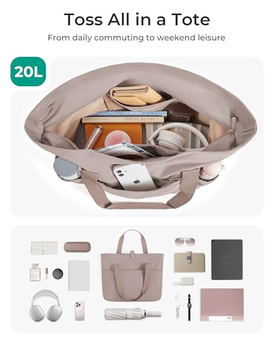 BAGSMART Tote Bag for Women, Foldable Tote Bag With Zipper Travel Shoulder Bag Handbag for Work - color: Grayish Brown