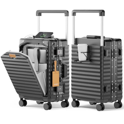 Joyway 20 Inch Carry on Luggage with Aluminium Frame and Front Pocket, PC Hardshell Suitcase with USB Port and Cup Holder, 21.5x14.2x9 Airline Approved, Luggage with Spinner Wheels and TSA Lock (Grey) - color: Grey, size: Zipperless Carry On