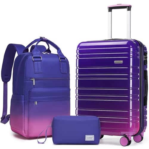 LARVENDER Carry on Luggage Sets 3 Piece, 20 Inch Suitcases, Midnight Berry - color: Midnight Berry-20BP, size: 3 Piece Set (Backpack/TB/20)