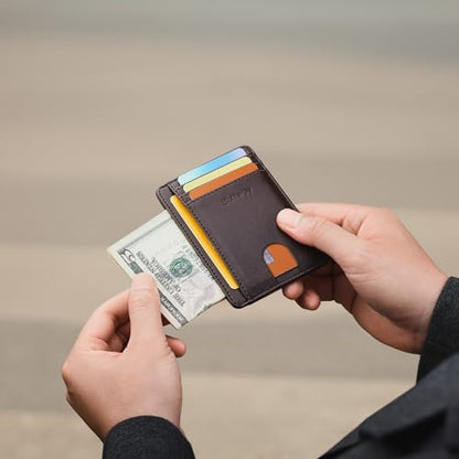 Buffway Slim Minimalist Front Pocket RFID Blocking Leather Wallets for Men and Women - Pebble Brown - color: Pebble Brown