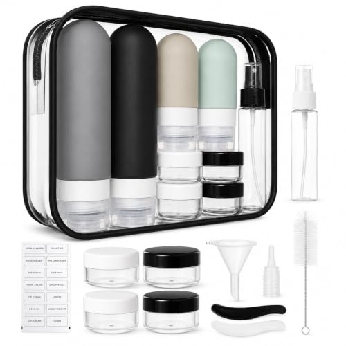 17-Piece Leak Proof Refillable Travel Bottles for Toiletries with Pouch - color: Grey