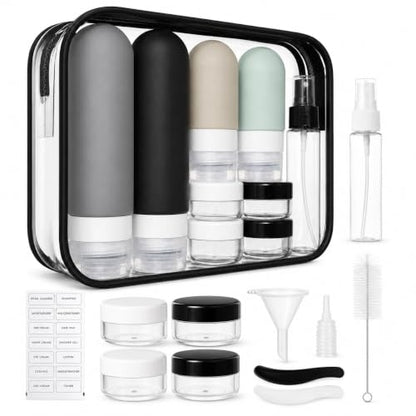 17-Piece Leak Proof Refillable Travel Bottles for Toiletries with Pouch - color: Grey