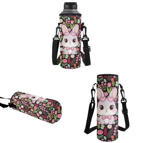Rabbit Flowers Backpack for School, Girls School Bags with Water Bottle Carrier Lunch Boxes Pencil Cases for Kids Student Bag Daypack Set 4 in 1 - color: Rabbit Flowers