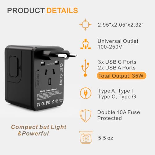 Universal Travel Adapter-35W International Power Adapter, PD&QC Fast Charge
