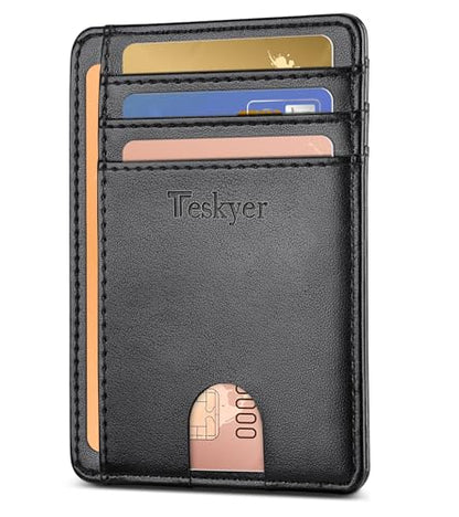 Teskyer Slim Minimalist Wallet for Men, RFID Front Pocket Card Holder - color: Black