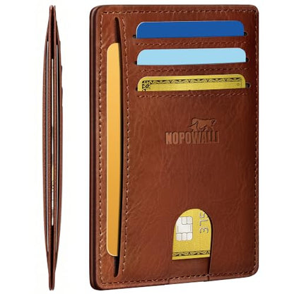Genuine Leather Mens Wallet Slim RFID Blocking Credit Card Holder - color: VegTan BrickBrown