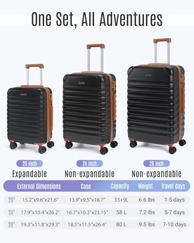 LIGHT FLIGHT Luggage Sets 3 Pcs Suitcase with Wheel,20"/24"/28",Black/Brown - color: Black/Brown