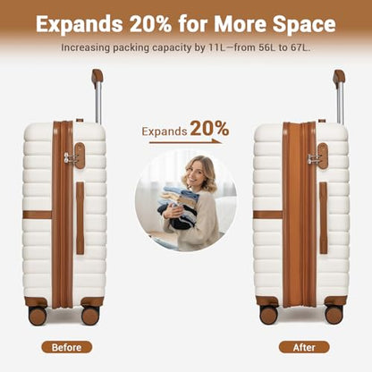 Kono Expandable 24 Inch Luggage with Spinner Wheels, Medium Checked Luggage with Lock, Lightweight & Anti-Scratch PC+ABS Hardshell Travel Suitcase, White/Brown - color: White/Brown, size: Checked-medium 24-inch
