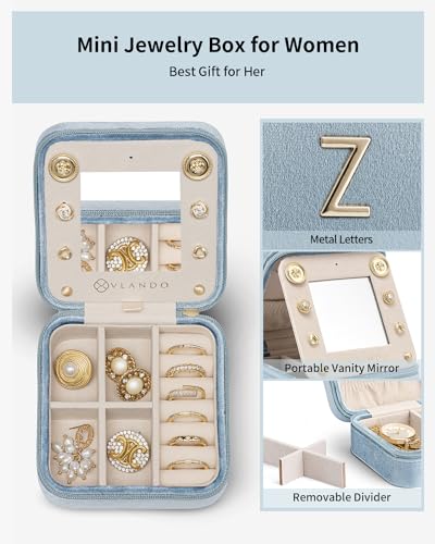 VLANDO Small Jewelry Travel Case, Letter Z Case with Compact Mirror - color: Blue, size: Letter Z
