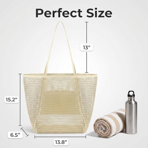 Mesh Beach Tote Bag for Women, Sandproof Quick Dry Foldable Travel Bag - color: White