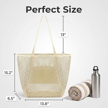 Mesh Beach Tote Bag for Women, Sandproof Quick Dry Foldable Travel Bag - color: White