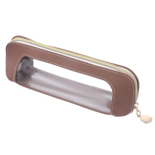 Psyqtsuary Small Clear Make Up Bag, PU Leather Portable Makeup Brush Pouch - color: Light Brown