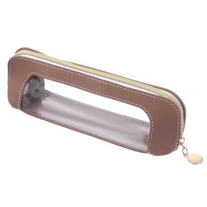 Psyqtsuary Small Clear Make Up Bag, PU Leather Portable Makeup Brush Pouch - color: Light Brown