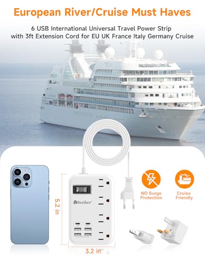 European Travel Plug Adapter, US to Europe Power Strip,6 USB,4 Outlets,3ft - size: Type C/A/G Plug-3ft-24W USB