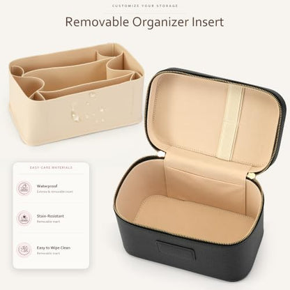 Makeup Bag Travel Toiletry Leather Cosmetic Case, Waterproof Makeup Organizer with Brush Holder, Wipe Clean Removable Divider Vanity Train Bag for Women, Black - color: Black