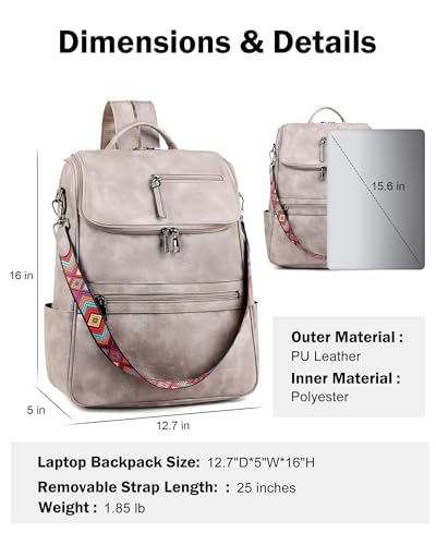 FADEON Laptop Backpack for Women, Vegan Leather 15.6 inch Computer bag - color: Grey Retro Style