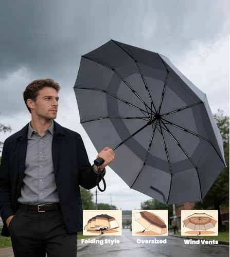 MRTLLOA Compact Golf Umbrella, 10 Ribs Vented Windproof Travel - color: Gray, size: 62 Inch