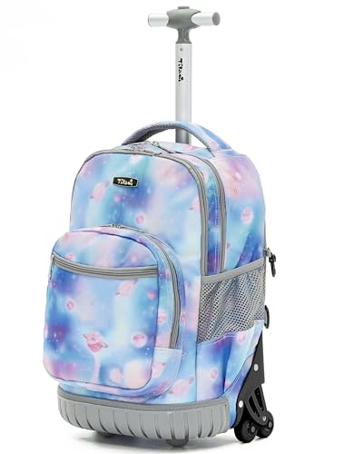 NEW TILAMI 18-Inch Rolling Backpack 6-Wheel for Kids School Travel - color: Purple Star