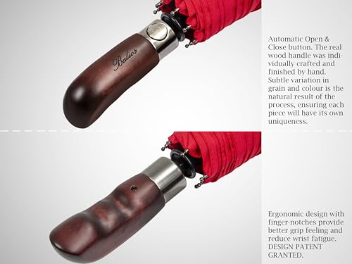 Balios Folding Umbrella Real Wood Handle Auto Open Close - color: Vibrant Red
