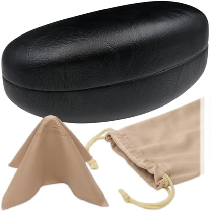 MyEyeglassCase® Large Hard Sunglasses Case | fits Large curved Sunglasses, with microfiber bag and cleaning cloth - color: Smooth Black