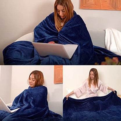 Fleece Plush Throw Blanket Navy Blue 90"x90"for Couch Fuzzy Cozy Flannel - color: Navy Blue, size: Queen(90"×90")
