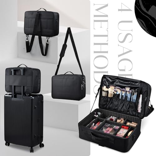 Large Makeup Bag, 3 Layers 17” Makeup Case Organizer with Mirror Professional Cosmetic Storage Backpack Box Travel Artist Carrying Vanity Bags with Brush Slot/Shoulder Strap/Attach to Suitcase - color: Backpack Black