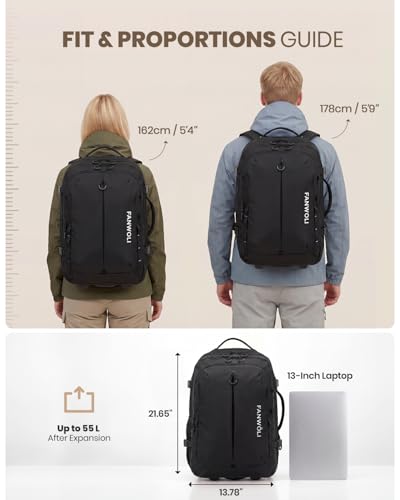 Fanwoli Rolling Vacuum Backpack Travel,One-Button Compression,55L,Black | Carry On | 55L Expandable | 2-In-1 Design | Built-In Electric Pump | 16 Pockets | Water Resistant | Fits 18” Laptop - color: Black