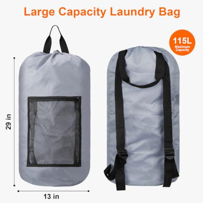 Laundry Backpack Portable Travel Laundry Bags with Straps and Mesh Pocket - color: Gray, size: 1 Pack