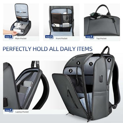 Mens Travel Laptop Backpack with USB Charging Port - color: Grey, size: 15.6 Inch