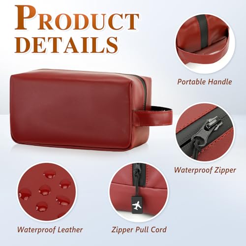 Leather Toiletry Bag for Men, Hanging Travel Toiletry Bag Dopp Kit | Water Resistant Bathroom Organizer with Waterproof Zipper & Handle - color: Wine Red