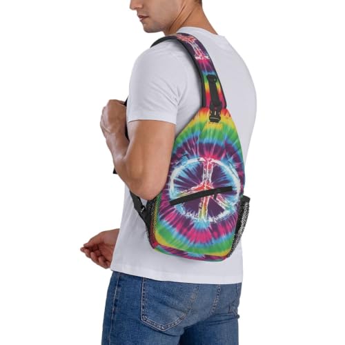 bassyil Tie Dye Peace Sign Rainbow Sling Bag Crossbody Travel Hiking Chest Backpack Shoulder Daypack for Women Men - color: Tie Dye