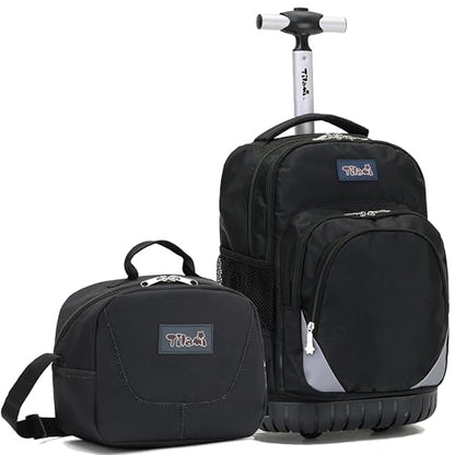 NEW TILAMI 18 Inch Rolling Backpack with Lunch Bag for Girls Boys School - color: Black